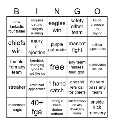 Swag Superbowl Bingo Card
