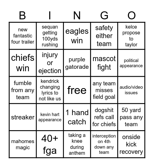 Swag Superbowl Bingo Card