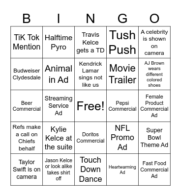 Doney Super Bowl Party Bingo Card
