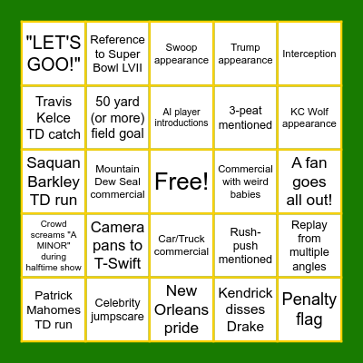 Super Bowl LIX Bingo Card