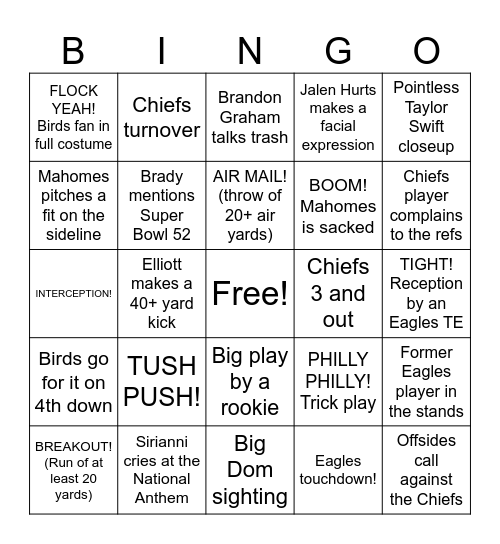 Super Bowl Bingo Card