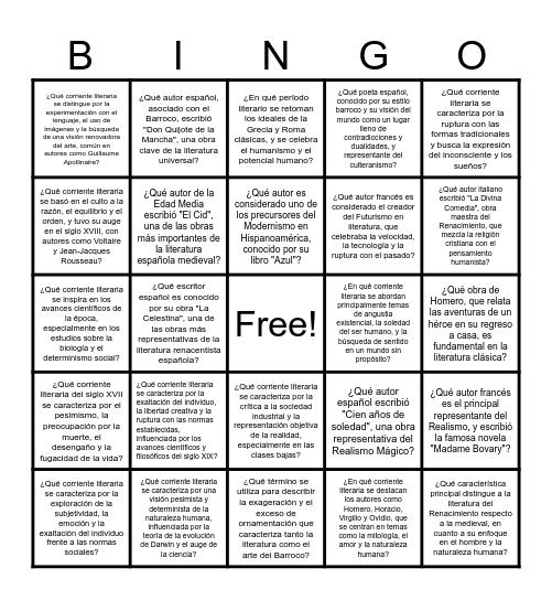 ESCUELAS LITERARIAS Bingo Card