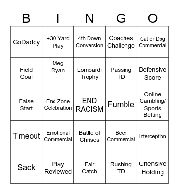 Superbowl 2025 Bingo Card