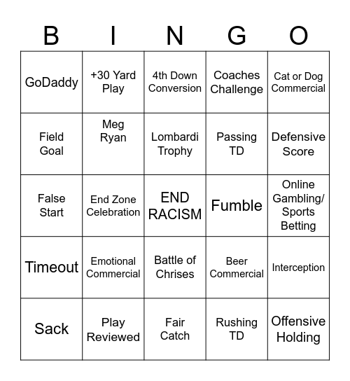 Superbowl 2025 Bingo Card