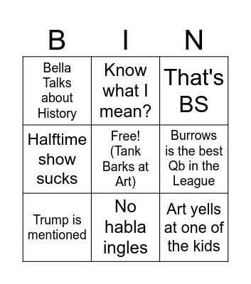 Family Drinking Game Bingo Card