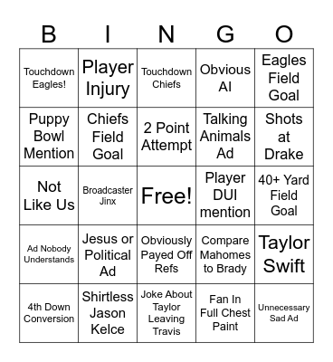 Super Bowl Bingo Card