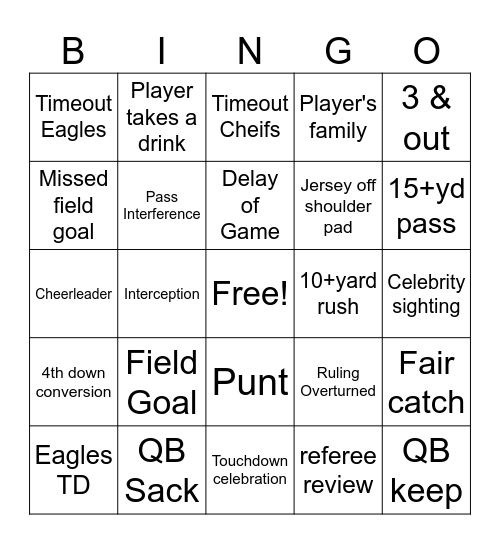BIG GAME BINGO Card