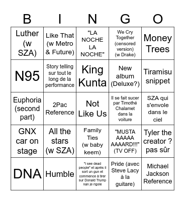 Kendrick Super Bowl Bingo Card