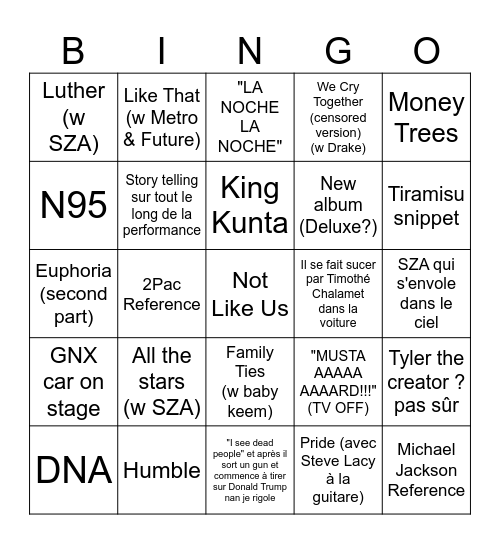 Kendrick Super Bowl Bingo Card