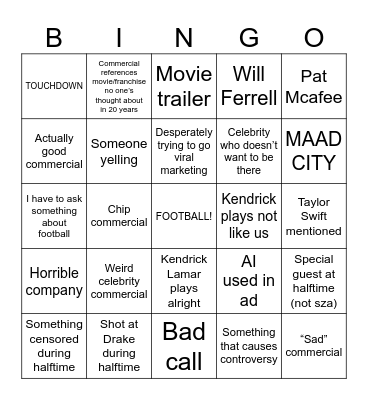 Super Bowl bingo Card