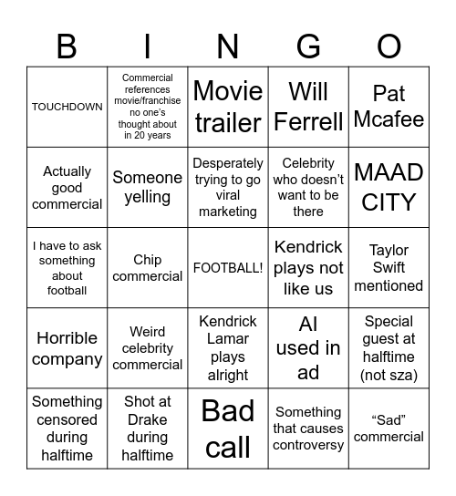 Super Bowl bingo Card