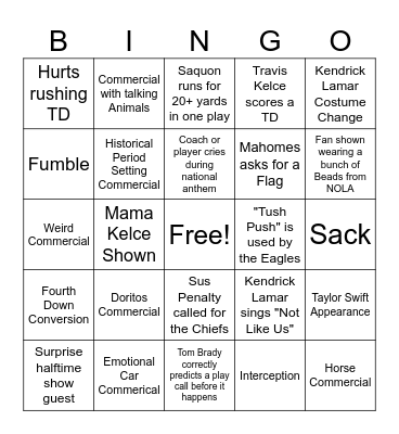 Super Bowl Bingo Card
