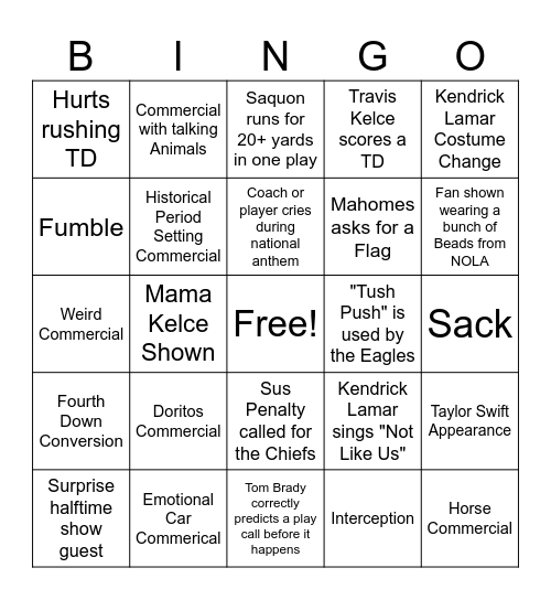 Super Bowl Bingo Card