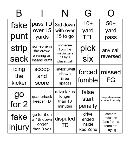 Super Bowl Bingo Card