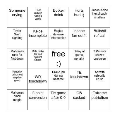Super Bowl Bingo Card