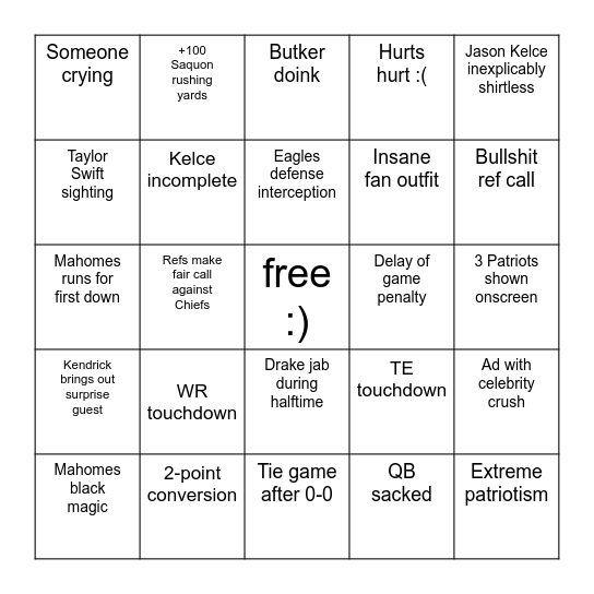 Super Bowl Bingo Card