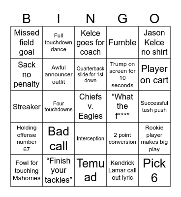 Super Bowl 2025 Bingo Card