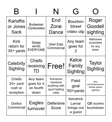 Super Bowl LIX   Let's Go Chiefs!!!! Bingo Card
