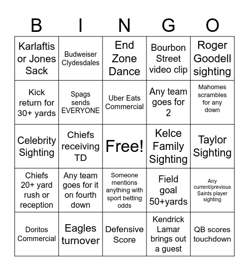 Super Bowl LIX   Let's Go Chiefs!!!! Bingo Card