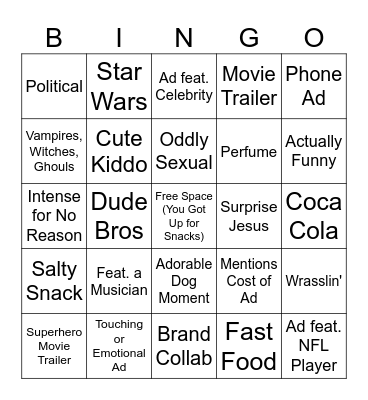 Super Bowl Commercial Bingo Card