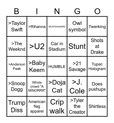 Kendrick Halftime Show Bingo Card