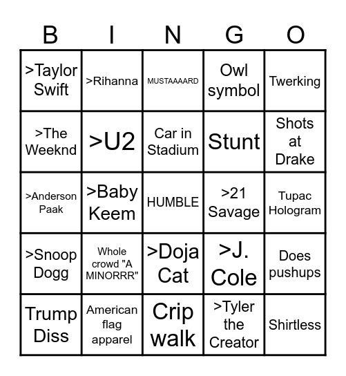 Kendrick Halftime Show Bingo Card