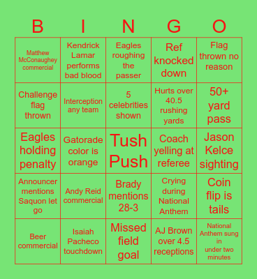 Super Bowl Bingo Card