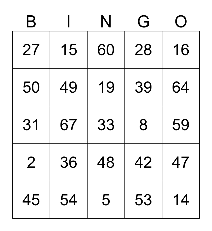 Les Nombres 1-69 Bingo Card