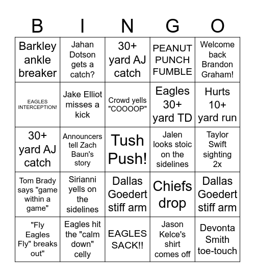 Superbowl Bingo Card