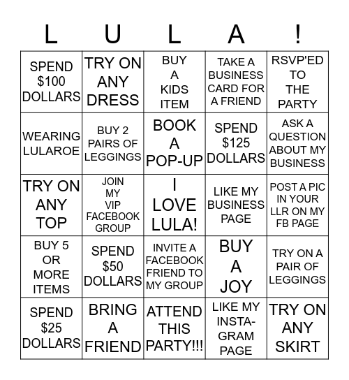LuLaRoe Bingo Card
