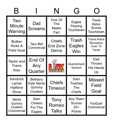 Super Bowl 2025 Bingo Card