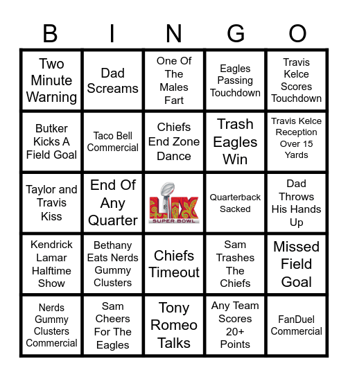 Super Bowl 2025 Bingo Card
