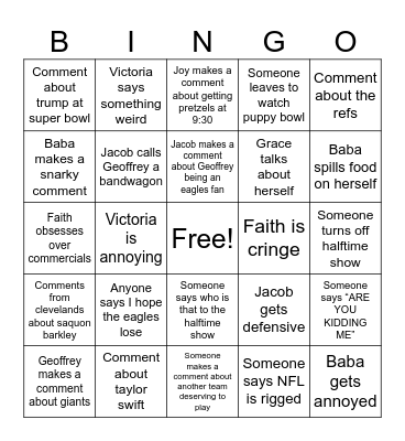 Super Bowl Bingo Card