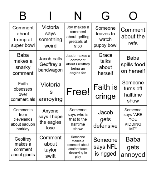 Super Bowl Bingo Card