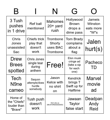 Chiefs Superbowl Bingo Card