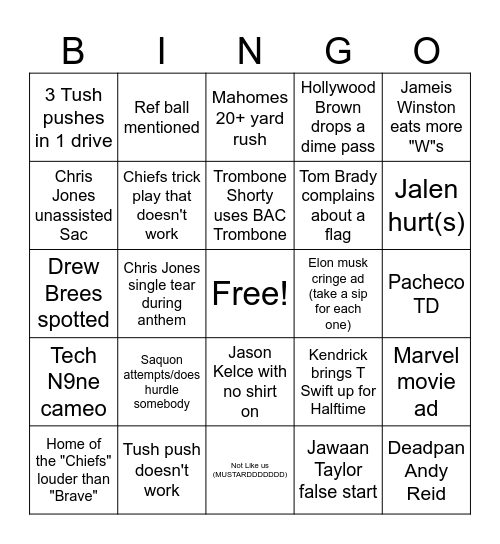 Chiefs Superbowl Bingo Card