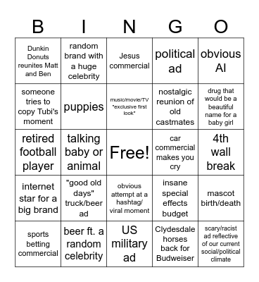 Super Bowl Commericals Bingo Card