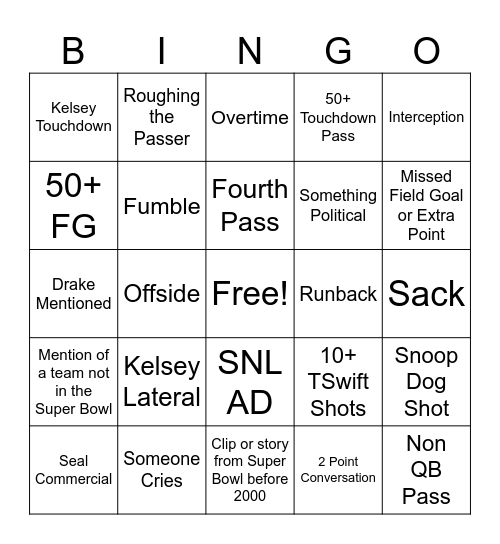 Super Bowl Bingo! Bingo Card