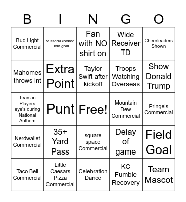 Superbowl 59 Bingo Card