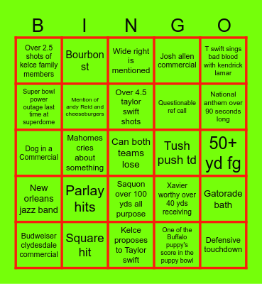 Super bowl LIX Bingo Card