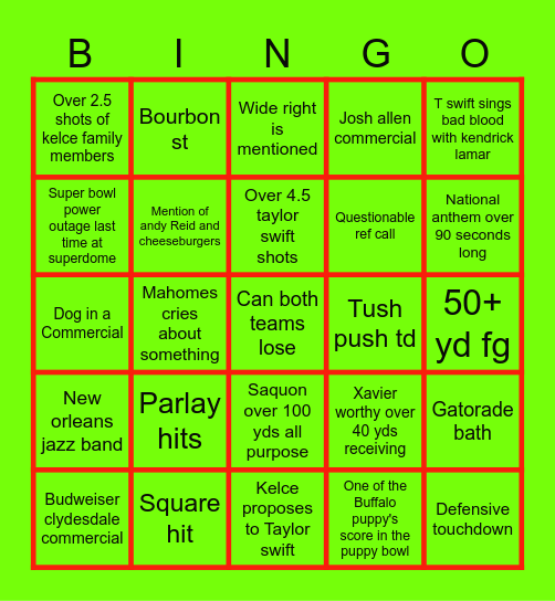 Super bowl LIX Bingo Card