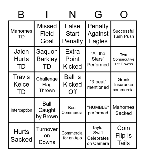 Super Bowl LIX Bingo Card