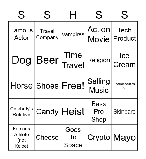 Superbowl Commercials Bingo Card