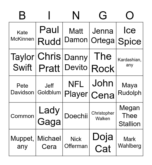 Superb Owl 2025 Celebs Bingo Card