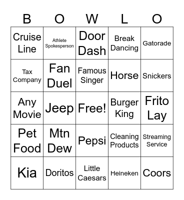 Super Bowl Ad Bingo Card