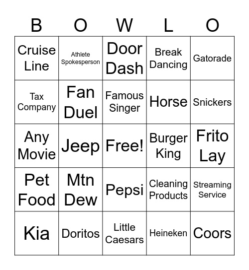 Super Bowl Ad Bingo Card
