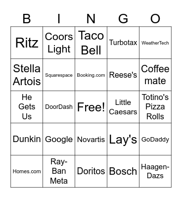Superbowl Commerical Bingo 2025 Bingo Card