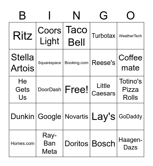 Superbowl Commerical Bingo 2025 Bingo Card