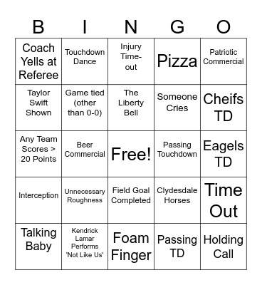 2025 Super Bowl Bingo Card
