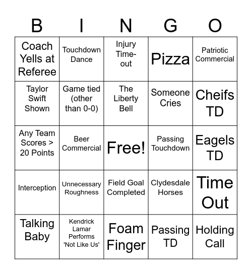 2025 Super Bowl Bingo Card